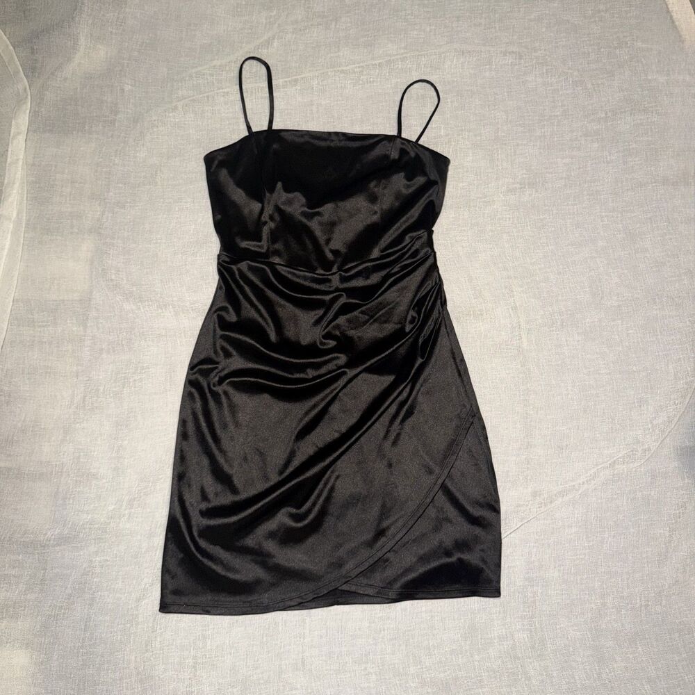 Black Satin Mini Dress Ruched Bodycon Emerald Sundae Size L